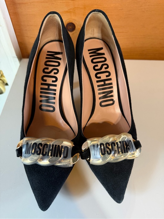 Moschino Shoes - Moschino Black Pointed Toe Pumps with Logo Chain Accent